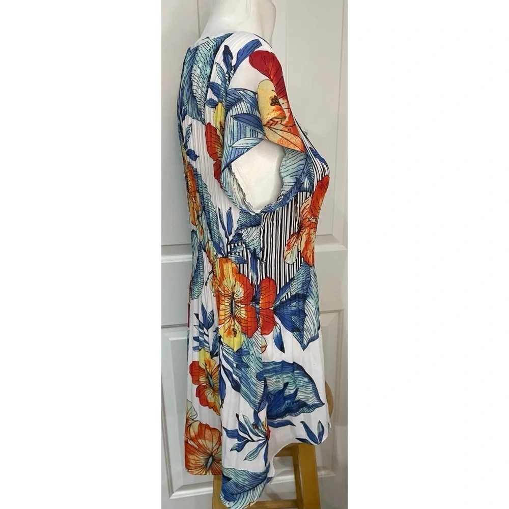 Melissa Paige Crinkle Top Womens Size Large White Blue Orange Floral Tunic - Picture 2 of 5